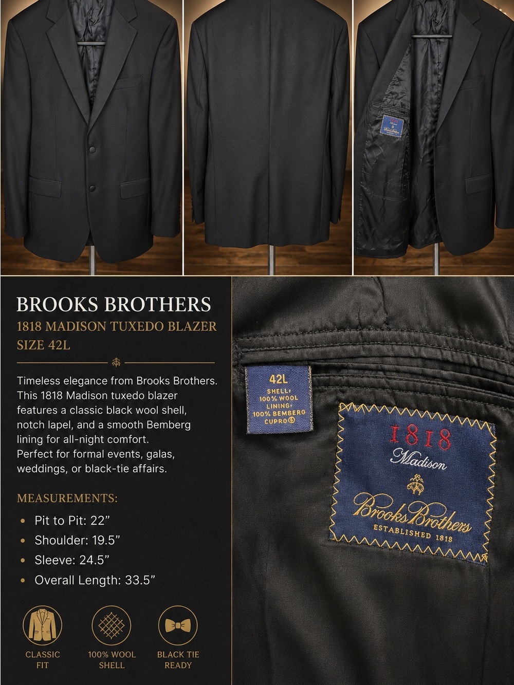 Brooks Brothers Black Satin Notch Lapel Tuxedo Blazer 42L